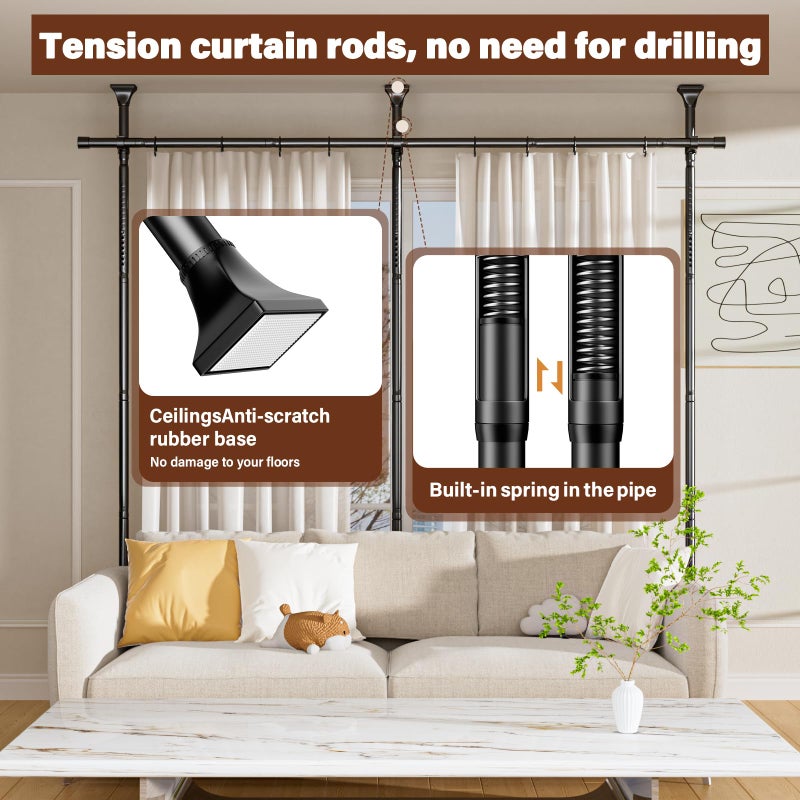 Abiglifty Room Divider Curtain Rod No Drilling, Adjustable 4-10ft(H) 28-114inch(W) Wall Divider for Room Separation, Heavy Duty Floor to Ceiling Tension Curtain Stand, Black - Image 5