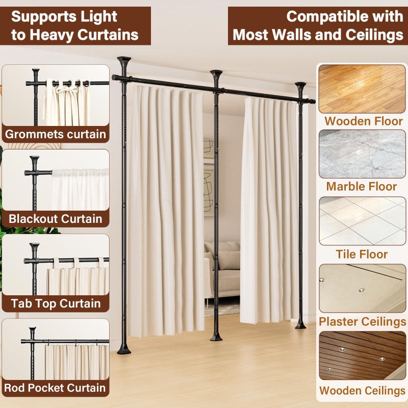 Abiglifty Room Divider Curtain Rod No Drilling, Adjustable 4-10ft(H) 28-114inch(W) Wall Divider for Room Separation, Heavy Duty Floor to Ceiling Tension Curtain Stand, Black - Image 3