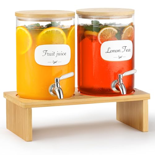 KitHero 2 PCS 1 Gallon Glass Drink Dispenser for Parties. 2 Glass Beverage Dispenser with Bamboo Stand,18/8 Stainless Steel Spigot and Bamboo Lid, 8 Waterproof Labels.Usde as Lemonade,Iced& Hot Drinks. - Image 1