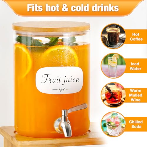 KitHero 2 PCS 1 Gallon Glass Drink Dispenser for Parties. 2 Glass Beverage Dispenser with Bamboo Stand,18/8 Stainless Steel Spigot and Bamboo Lid, 8 Waterproof Labels.Usde as Lemonade,Iced& Hot Drinks. - Image 5
