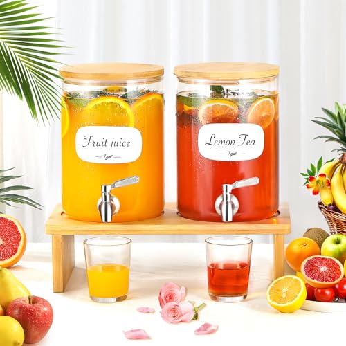 KitHero 2 PCS 1 Gallon Glass Drink Dispenser for Parties. 2 Glass Beverage Dispenser with Bamboo Stand,18/8 Stainless Steel Spigot and Bamboo Lid, 8 Waterproof Labels.Usde as Lemonade,Iced& Hot Drinks. - Image 3