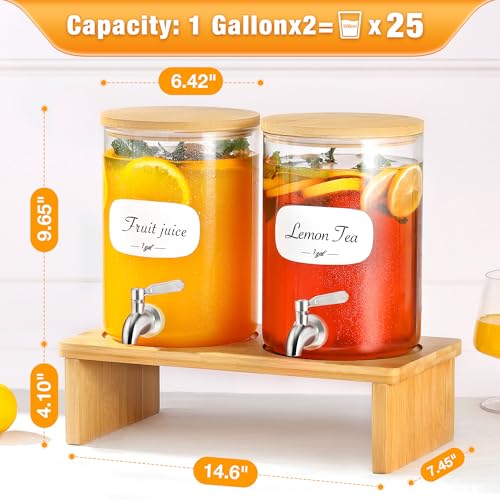 KitHero 2 PCS 1 Gallon Glass Drink Dispenser for Parties. 2 Glass Beverage Dispenser with Bamboo Stand,18/8 Stainless Steel Spigot and Bamboo Lid, 8 Waterproof Labels.Usde as Lemonade,Iced& Hot Drinks. - Image 2