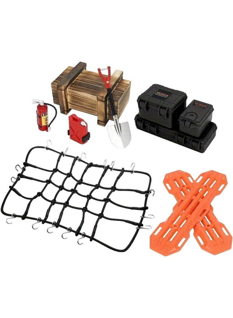 10 Pcs 1/12 & 1/10 Scale RC Crawler Roof Rack Accessories Kit, Mini Roof Decor Set with Net, Toolbox, Shovel & Recovery Boards - Image 1