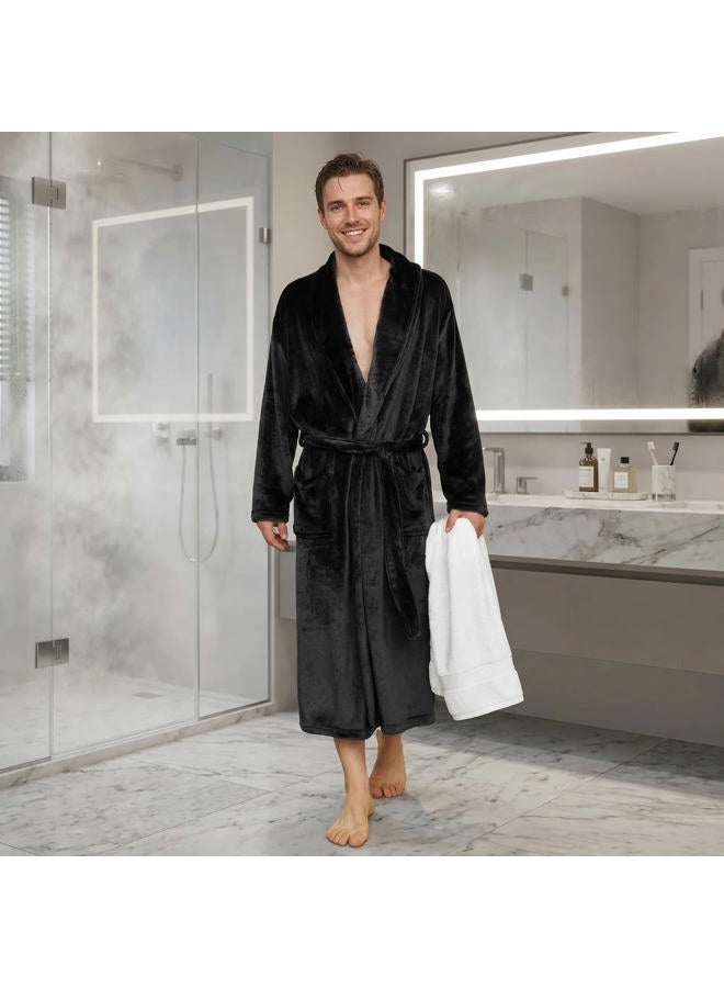 U2SKIIN Mens Fleece Robe Plush Collar Shawl Bathrobe, Black, L-XL - Image 5