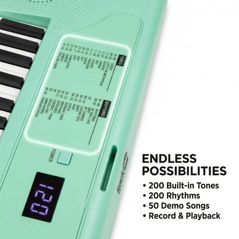 RockJam 49 Key Keyboard Piano, Portable Electronic Music Keyboard with Speakers, USB-C Power or Battery Operation, Headphone Input, 200 Tones, 200 Rhythms, Note Stickers & Lessons - Image 5