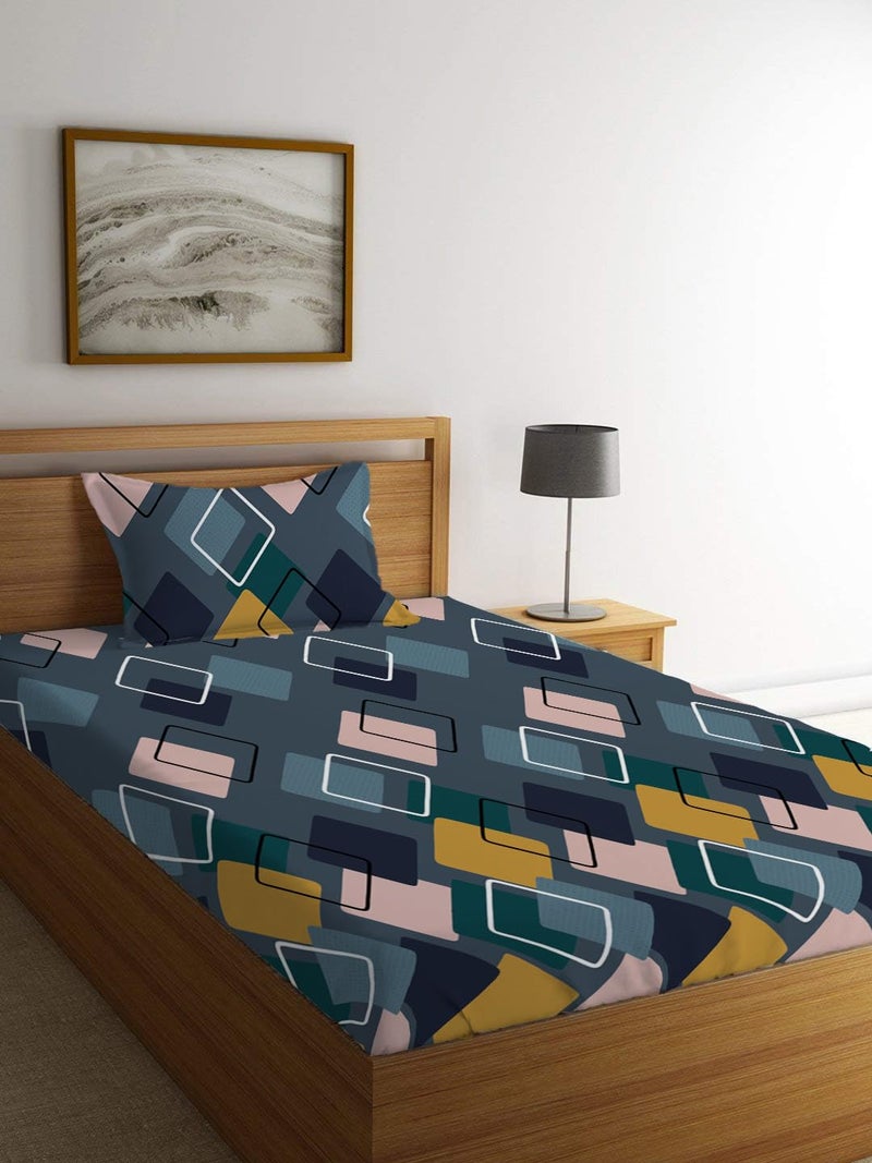 LOOMLYFE 300 TC Cotton Feel Glace Elastic Fitted Printed Single Bed Bedsheet with 1 Pillow Cover Fits Upto 6 Inches Mattress,Size- 42X75X8 Inches, NavySquare - Image 2