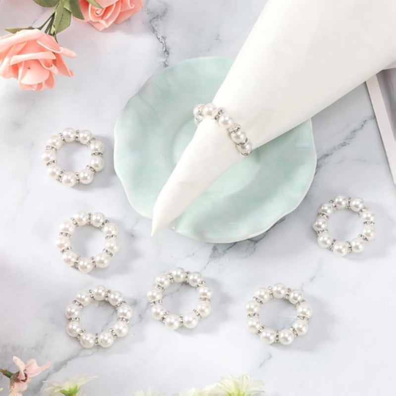 Pearl Napkin Rings Set of 12, Beaded Napkin Rings Buckles for Table Decorations, Wedding,Party,Family Dinner,Silver and White