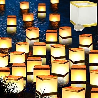 Hortsun Hortsun Square Floating Lanterns with Candles, Waterproof Chinese River Lanterns Float Paper Lanterns for Wishing  - Image 1