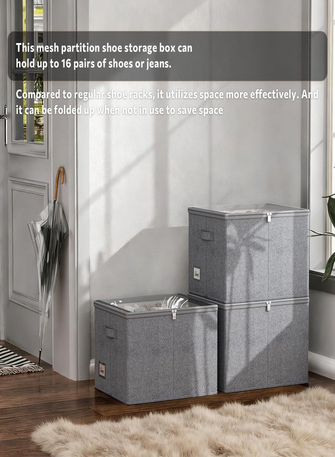 DYWMM Shoe Organizer for Closet, 2 Pack Foldable Shoe Storage Box with Clear Cover and Adjustable Dividers, Stackable Storage Bins for Boots, Fits up to 32 Pairs (Grey, 19.7 × 15.7 × 12.6 in) - Image 5