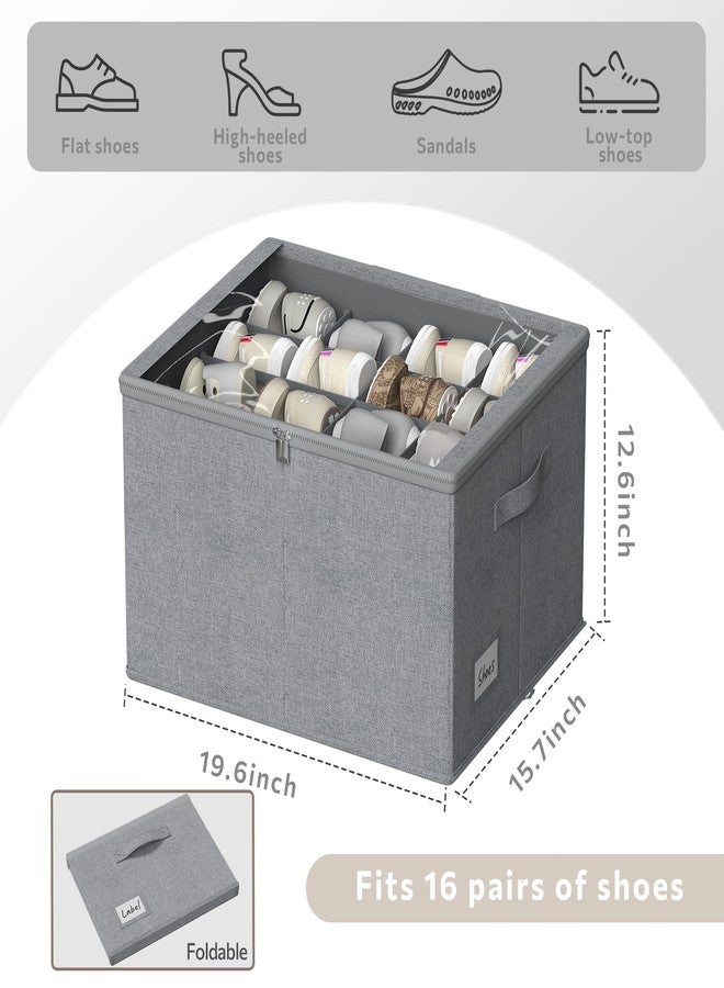DYWMM Shoe Organizer for Closet, 2 Pack Foldable Shoe Storage Box with Clear Cover and Adjustable Dividers, Stackable Storage Bins for Boots, Fits up to 32 Pairs (Grey, 19.7 × 15.7 × 12.6 in) - Image 2