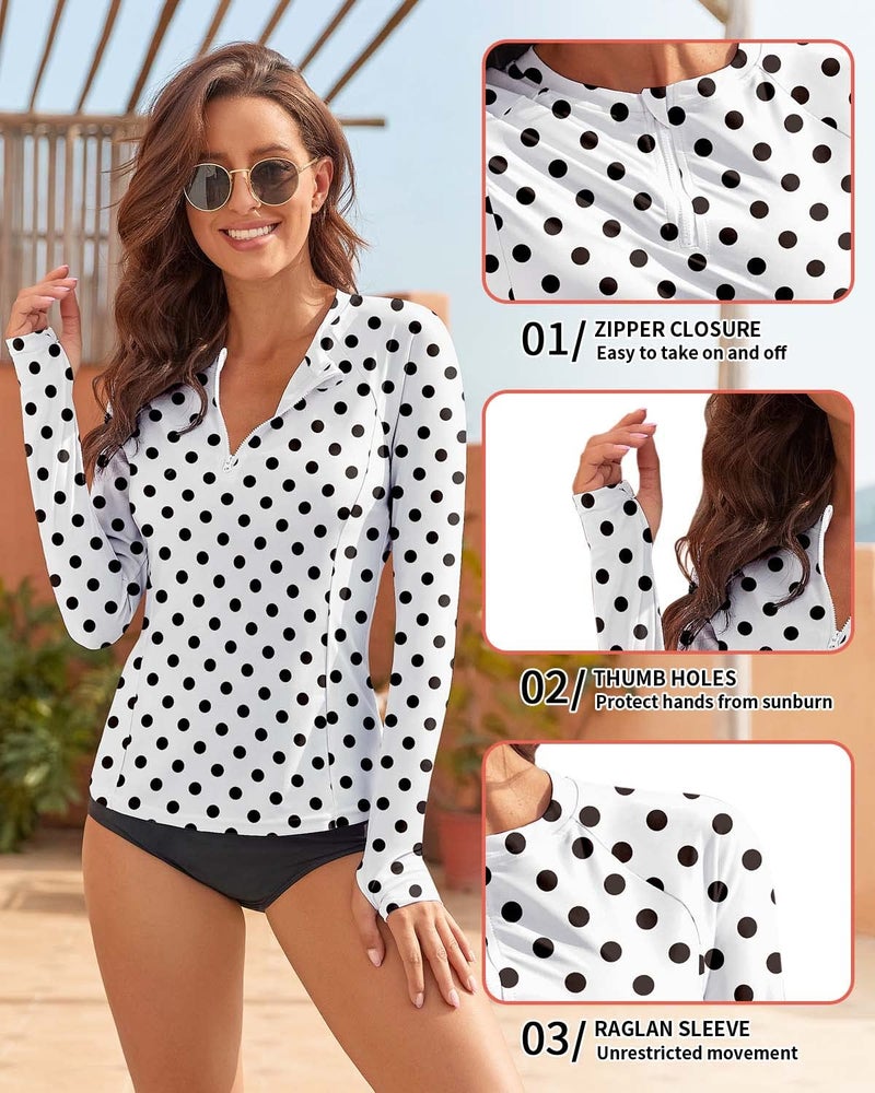 WOWENY Women Rash Guard Long Sleeve Swimsuit Top UPF 50 Sun Protection Swim Shirts Half Zip Bathing Suit(A-Black Dot, Medium) - Image 4