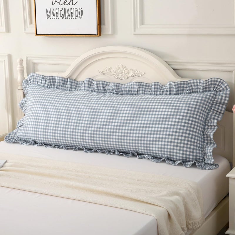 Silnuo Light Blue Plaid Body Ruffle Pillow ShamWashed Cotton Shabby Checkered Gingham Long Pillow Cover 1 Piece