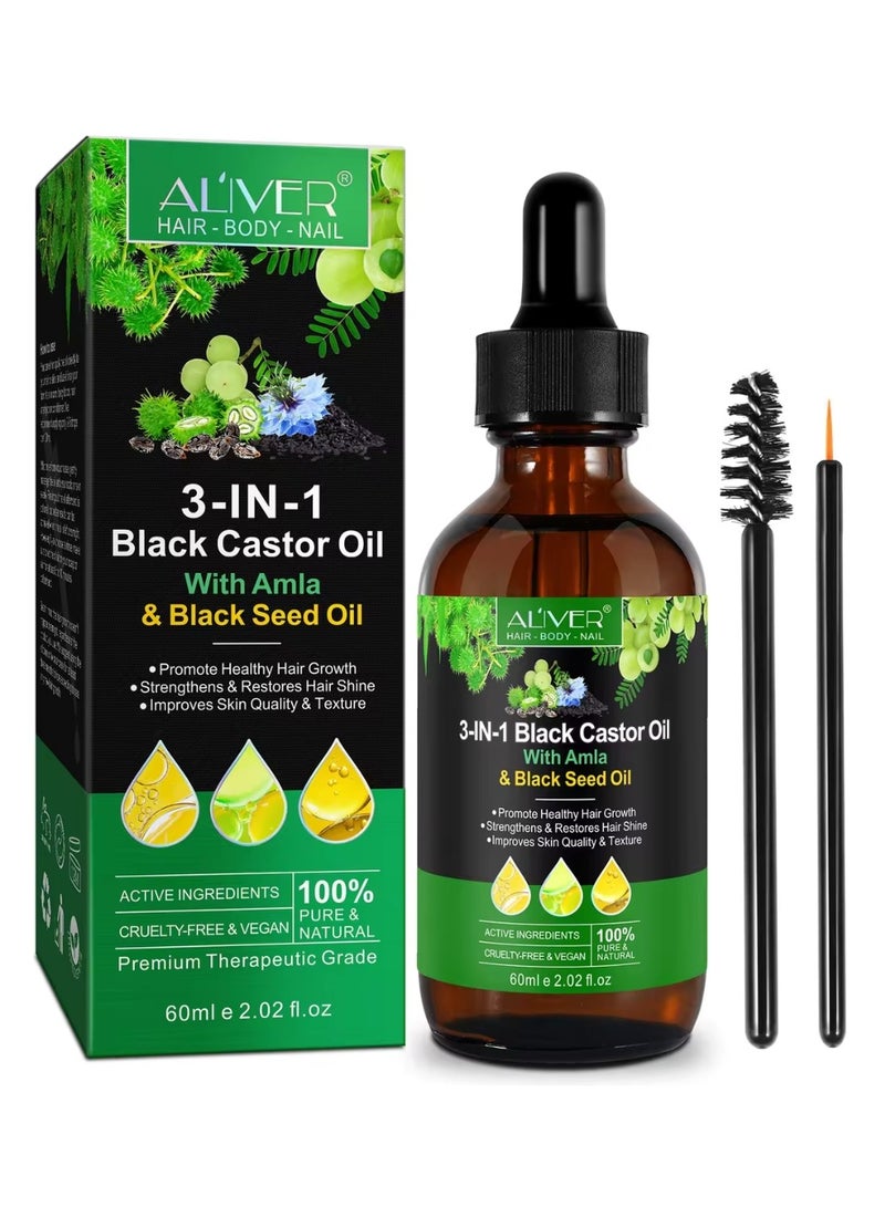 ALIVER 60ml 3 In 1 Black Castor Oil with Amla & Black Seed Oil for Hair Care Hair Conditioner Oil for Thin Hair Repair Damaged Hair Nourishes Thin Hair Scalp Skin and Loss Hair Growth Fit for All Hair Types Hair Oil - Image 1