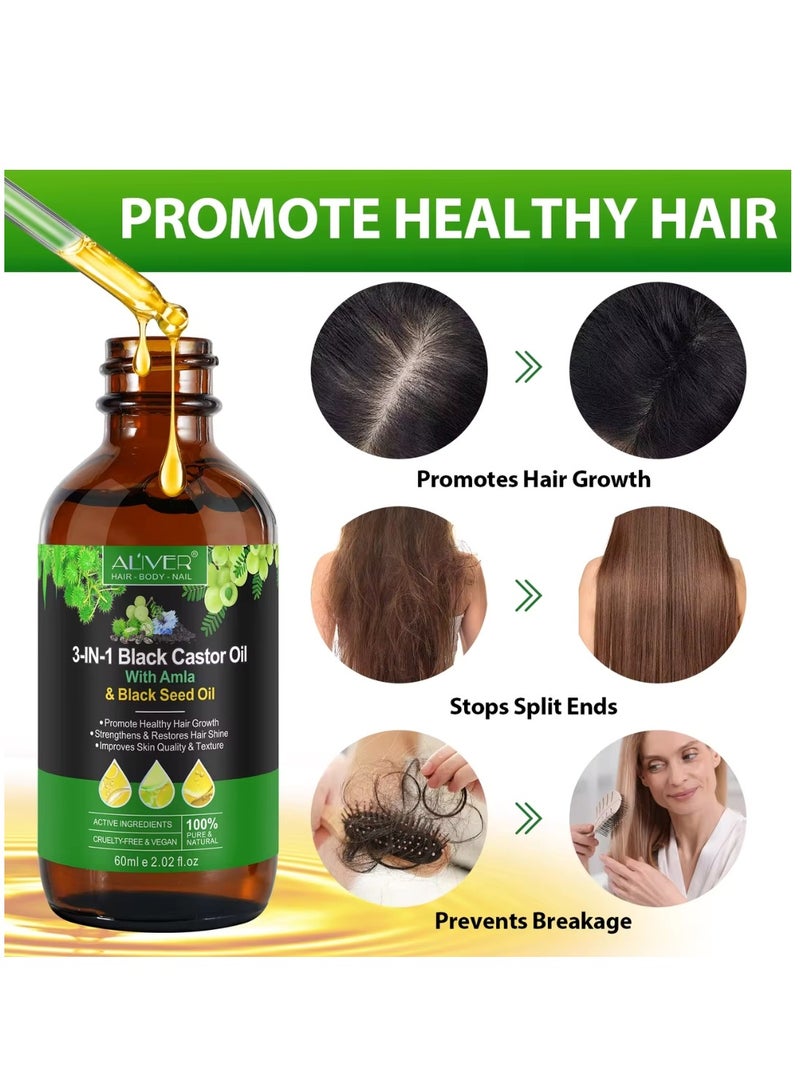 ALIVER 60ml 3 In 1 Black Castor Oil with Amla & Black Seed Oil for Hair Care Hair Conditioner Oil for Thin Hair Repair Damaged Hair Nourishes Thin Hair Scalp Skin and Loss Hair Growth Fit for All Hair Types Hair Oil - Image 4