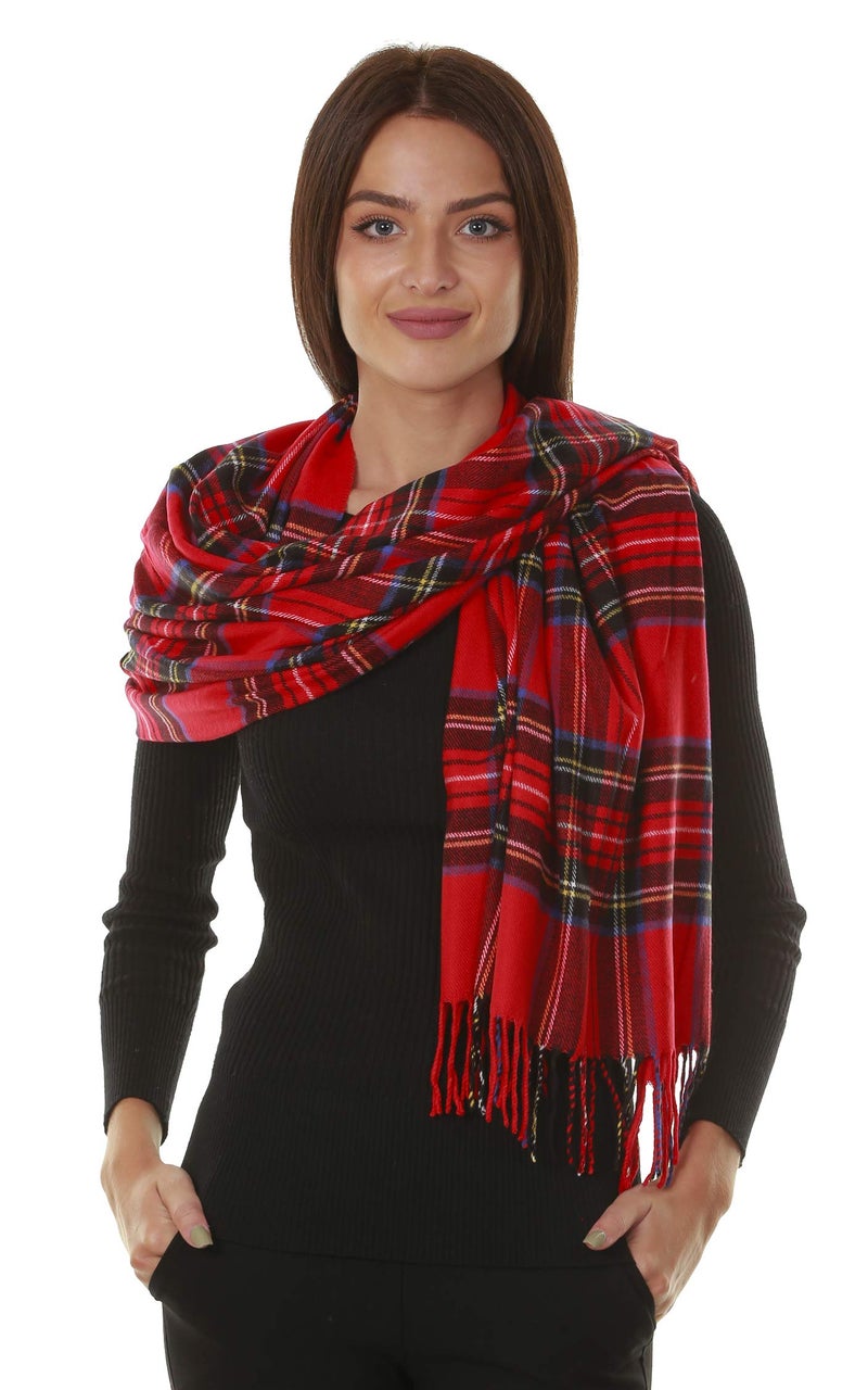 Gilbins Christmas Holiday Big Winter Warm Tartan Checked Cashmere Feel Scottish Clan Shawl Blanket Scarf 80" x 30" Red - Image 1