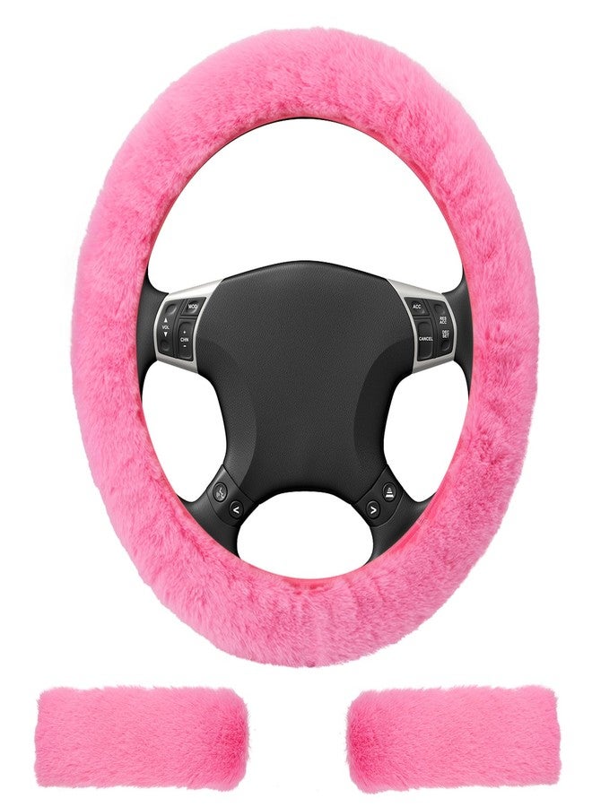 BFXM 3 PCS Fluffy Steering Wheel Cover Set, 15'' Furry Car Wheel Cover, 2 Seat Belt Shoulder Pads, Anti-Slip Fur Steering Wheel Cover, Winter Warm Fluffy Car Accessories for Women, Pink - Image 1