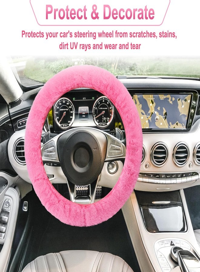 BFXM 3 PCS Fluffy Steering Wheel Cover Set, 15'' Furry Car Wheel Cover, 2 Seat Belt Shoulder Pads, Anti-Slip Fur Steering Wheel Cover, Winter Warm Fluffy Car Accessories for Women, Pink - Image 4