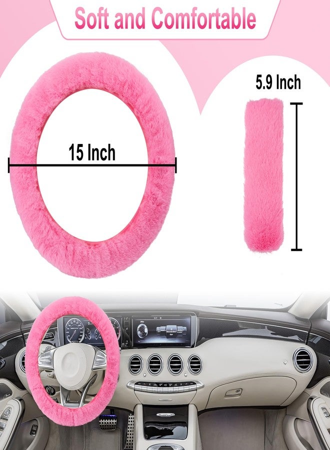 BFXM 3 PCS Fluffy Steering Wheel Cover Set, 15'' Furry Car Wheel Cover, 2 Seat Belt Shoulder Pads, Anti-Slip Fur Steering Wheel Cover, Winter Warm Fluffy Car Accessories for Women, Pink - Image 2