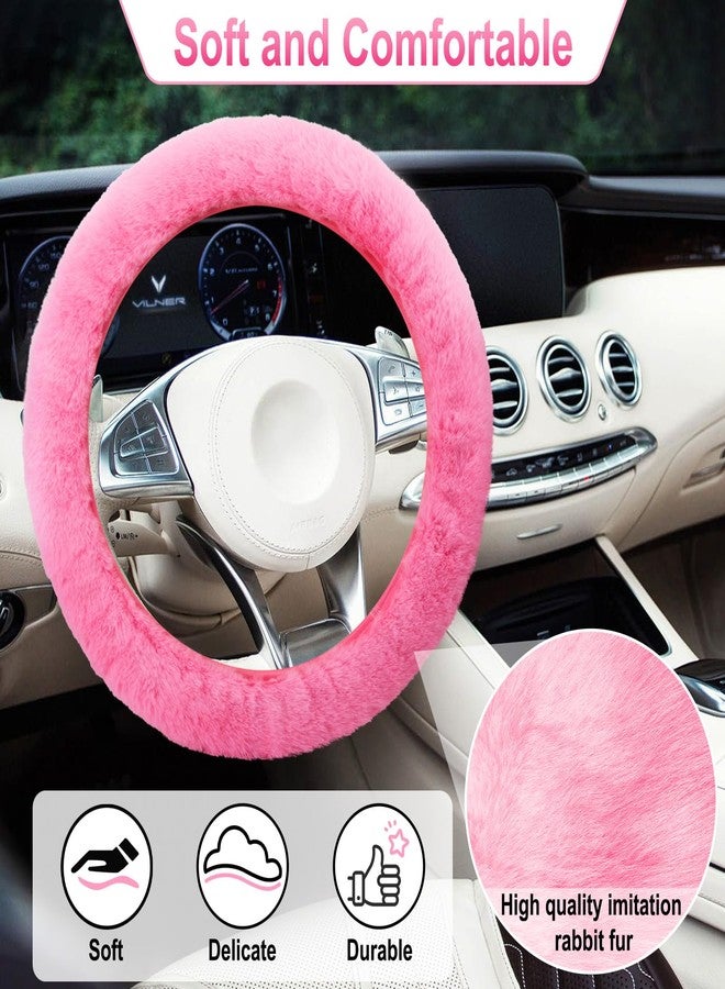 BFXM 3 PCS Fluffy Steering Wheel Cover Set, 15'' Furry Car Wheel Cover, 2 Seat Belt Shoulder Pads, Anti-Slip Fur Steering Wheel Cover, Winter Warm Fluffy Car Accessories for Women, Pink - Image 3