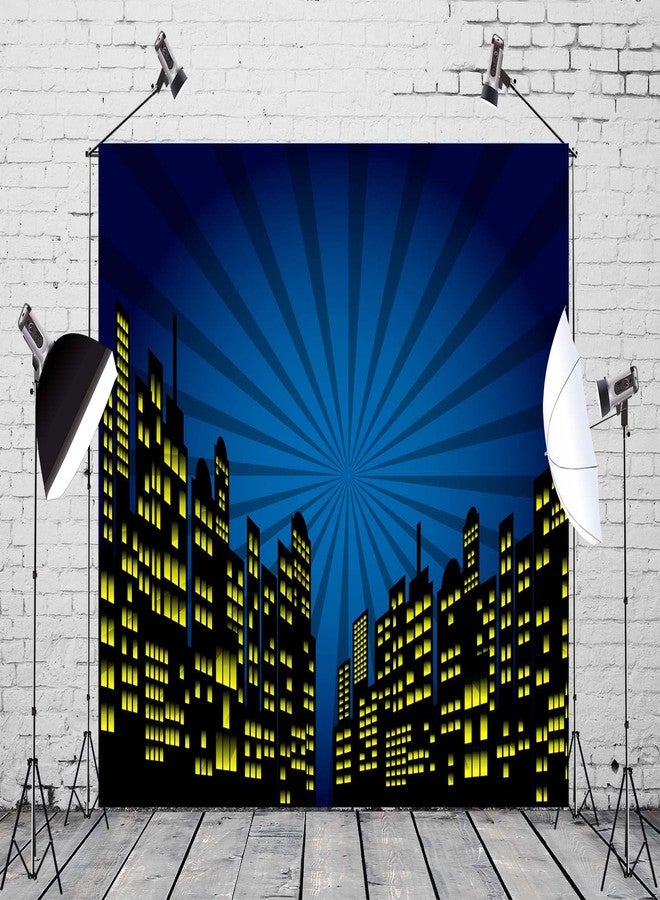 CORFOTO Cartoon Super City Backdrop for Superhero City Themed Party Supplies Skyline City Background Kids Boys Birthday Banner Urban Night Moon City Buildings Backdrops Super Hero Photo Studio Props - Image 3