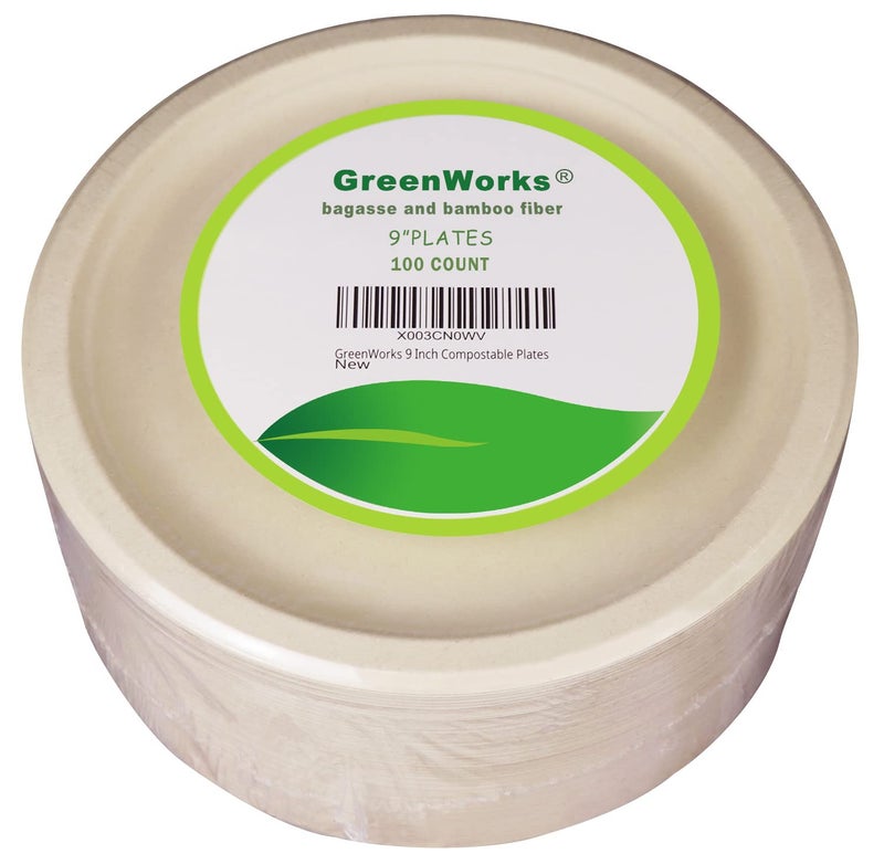 GreenWorks 100 Count 9 Heavy-duty Compostable Plates  Unbleached Biodegradable Bagasse and Bamboo fiber Paper Plates - Image 3