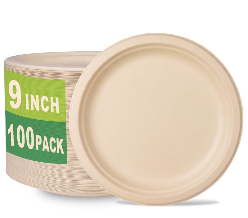 GreenWorks 100 Count 9 Heavy-duty Compostable Plates  Unbleached Biodegradable Bagasse and Bamboo fiber Paper Plates - Image 1