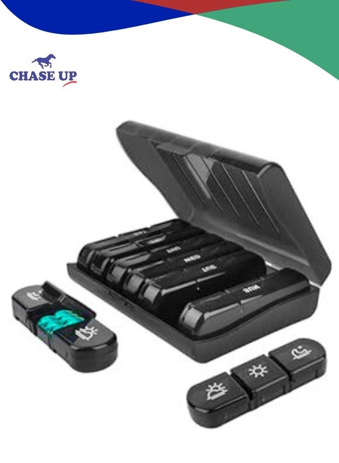 Chase Up Portable Medicine Organizer 3 Times a Day for 1 Week (Black) – Travel Friendly Pill Box with Large Compartments - Light Proof Pill Organizer for Vitamins, Fish Oils