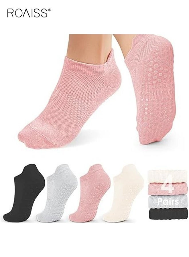 roaiss 4 Pairs Non-Slip Pilates Socks for Women, Silicon Botton Design with High-Quality Cotton, Breathable and Deodorant, Suitable for Ballet, Barefoot Fitness Sports - Image 1