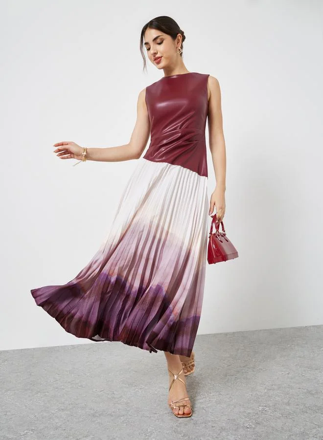Styli Burgundy Color Block Sleeveless A-Line Maxi Dress
