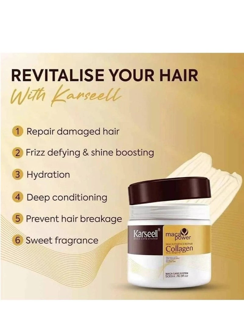Karseell قناع الشعر من كارسيل كولاجين ماكا لإصلاح الشعر بعمق وترطيبه بزيت الأرجان وزيت جوز الهند للشعر الجاف والتالف لجميع أنواع الشعر، 16.90 أونصة سائلة 500 مل - Image 4