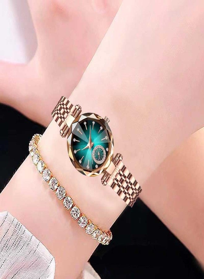 Reginald Women Watches with Bracelet Rose Gold for Lady Elegant Stainless Steel Strap Fashion Analog Creative Diamond Dial Wrist Watch (Green) - Image 5