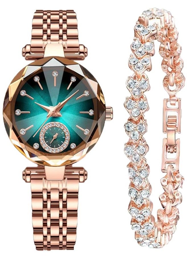 Reginald Women Watches with Bracelet Rose Gold for Lady Elegant Stainless Steel Strap Fashion Analog Creative Diamond Dial Wrist Watch (Green) - Image 1