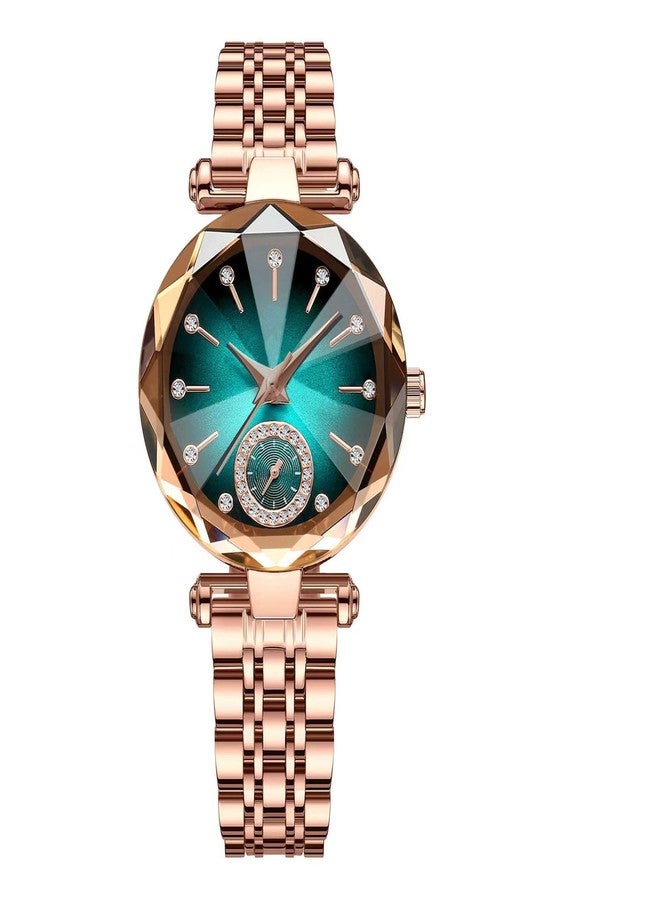 Reginald Women Watches with Bracelet Rose Gold for Lady Elegant Stainless Steel Strap Fashion Analog Creative Diamond Dial Wrist Watch (Green) - Image 2
