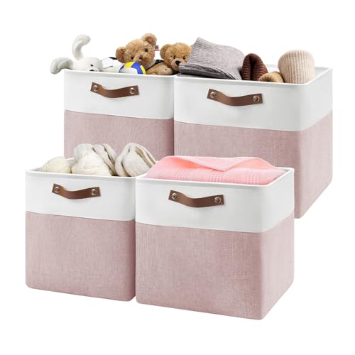 Patvingot 13 Inch Cube Storage BinsSet of 4 Foldable Storage Basket with PU Handles for Organizing Home Closet Laundry Office Organizers for ShelvesWhitePink - Image 1