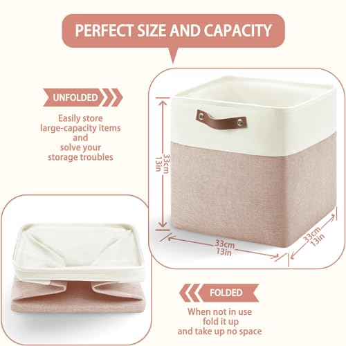 Patvingot 13 Inch Cube Storage BinsSet of 4 Foldable Storage Basket with PU Handles for Organizing Home Closet Laundry Office Organizers for ShelvesWhitePink - Image 3