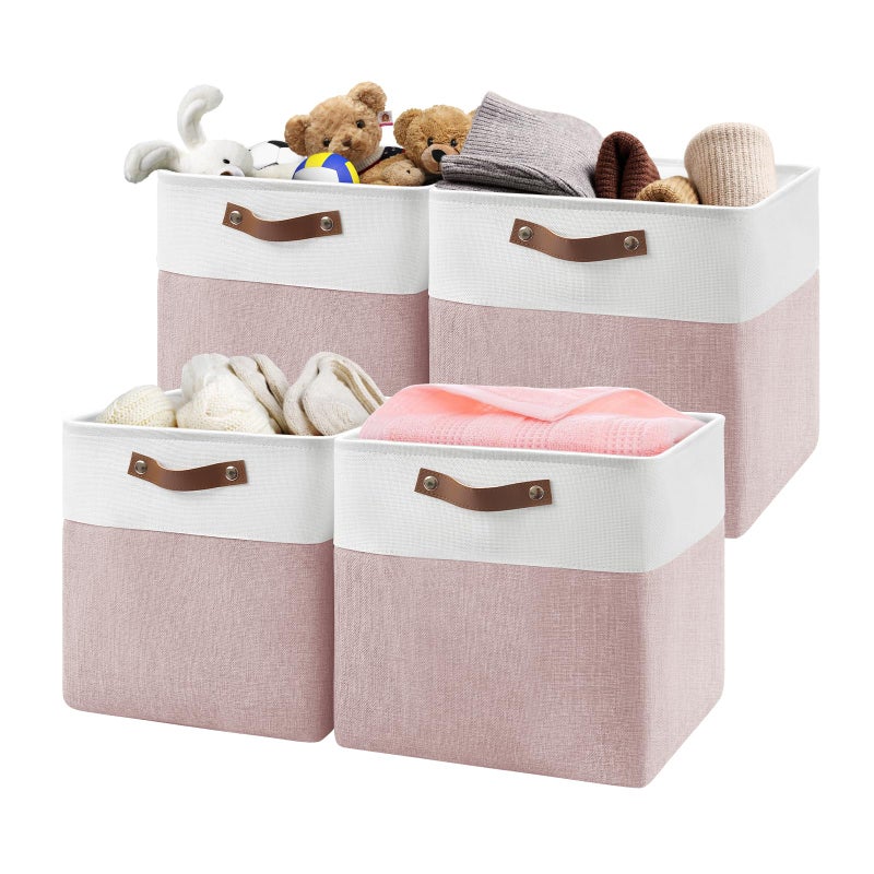 Patvingot 13 Inch Cube Storage BinsSet of 4 Foldable Storage Basket with PU Handles for Organizing Home Closet Laundry Office Organizers for ShelvesWhitePink - Image 2