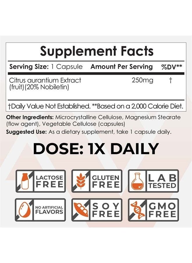 Nobiletin Capsules | 250mg | 30 Count | 20% Extract | Citrus aurantium | May Help Suppot Cognitive & Metabolic Function | May Help Promote Cardiovascular Function