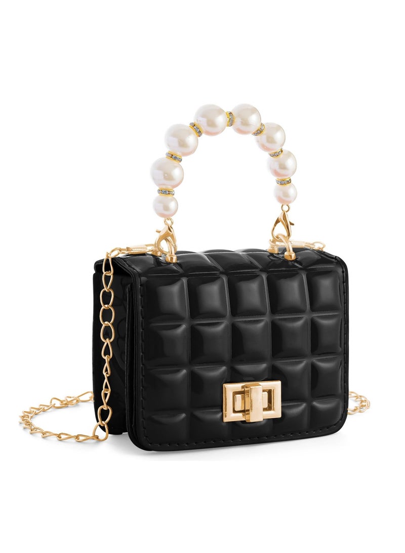 SYOSI Kids Purse Little Girls Candy Color PU Leather Bag Fashion Crossbody Cute Handbag Shoulder bag with Pearl Handle Gold Chain Presents for Children (Black) - Image 1