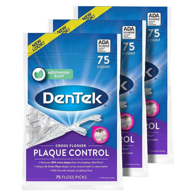 DenTek Cross Flosser Plaque Control Floss Picks, X-Shaped Floss, 75 Count, 3 Pack - Image 1