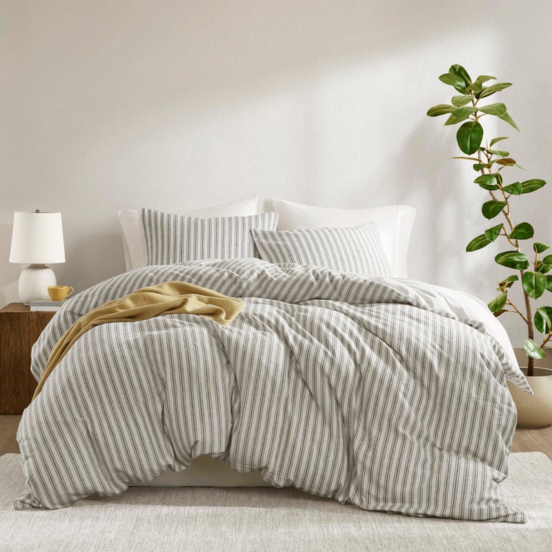 Madison Park Cooling Duvet Cover Set for Hot Sleepers  Linen Cotton Rayon Blend King Size 3 Piece Set with Shams  Lightweight  Breathable Bedding Grey Striped Design