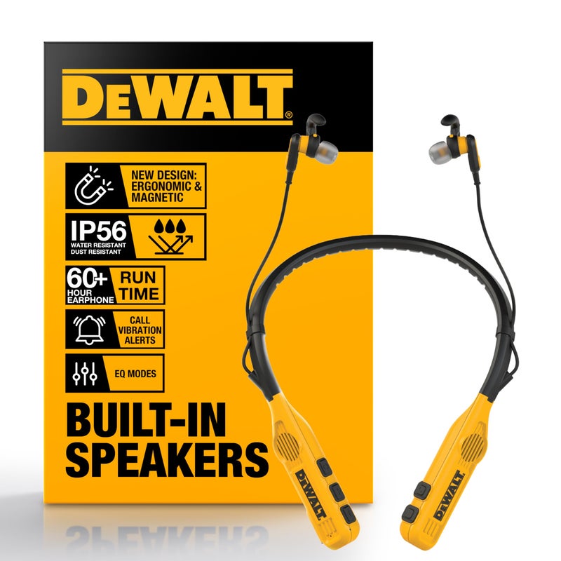 DEWALT Heavy Duty 2-in-1 Neckband Bluetooth Headphones w/Built-in Speakers, Jobsite Wearable Speaker & Around Neck Headphones, Wireless Bluetooth Headset, 60+ Hrs Hands-Free Music/Calls, Carry Pouch - Image 1