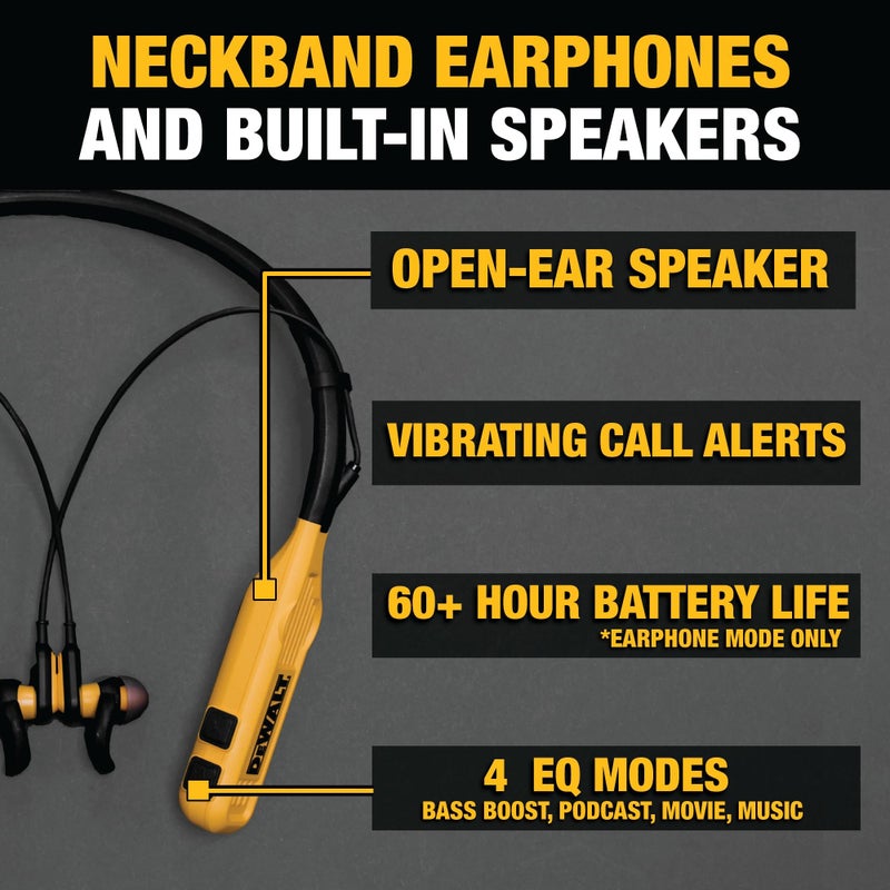 DEWALT Heavy Duty 2-in-1 Neckband Bluetooth Headphones w/Built-in Speakers, Jobsite Wearable Speaker & Around Neck Headphones, Wireless Bluetooth Headset, 60+ Hrs Hands-Free Music/Calls, Carry Pouch - Image 2