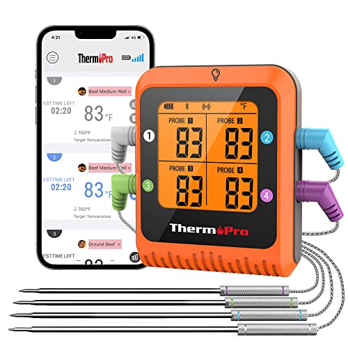 ThermoPro ترمومتر لحوم بلوتوث ThermoPro بمدى 650 قدم مع 4 مجسات ملونة، ترمومتر لحوم رقمي لاسلكي مع مؤقت، أدوات ومعدات الطهي التجارية القابلة لإعادة الشحن للمدخن والفرن - Image 1