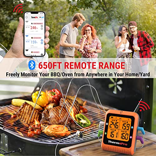 ThermoPro ترمومتر لحوم بلوتوث ThermoPro بمدى 650 قدم مع 4 مجسات ملونة، ترمومتر لحوم رقمي لاسلكي مع مؤقت، أدوات ومعدات الطهي التجارية القابلة لإعادة الشحن للمدخن والفرن - Image 2