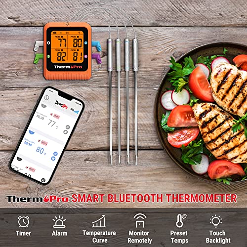 ThermoPro ترمومتر لحوم بلوتوث ThermoPro بمدى 650 قدم مع 4 مجسات ملونة، ترمومتر لحوم رقمي لاسلكي مع مؤقت، أدوات ومعدات الطهي التجارية القابلة لإعادة الشحن للمدخن والفرن - Image 4