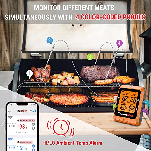 ThermoPro ترمومتر لحوم بلوتوث ThermoPro بمدى 650 قدم مع 4 مجسات ملونة، ترمومتر لحوم رقمي لاسلكي مع مؤقت، أدوات ومعدات الطهي التجارية القابلة لإعادة الشحن للمدخن والفرن - Image 3