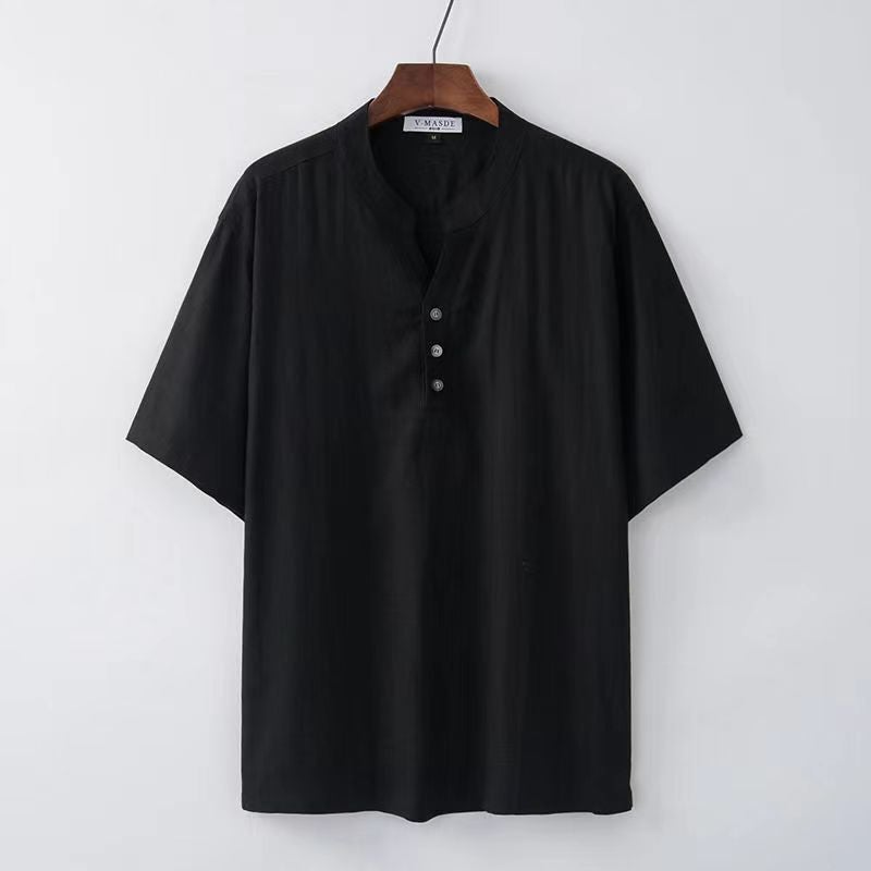 High-End Linen Stand Collar Short Sleeve T-Shirt Men'S Summer Thin Chinese Style Loose Top Vintage Half Sleeve T-Shirt - Image 1