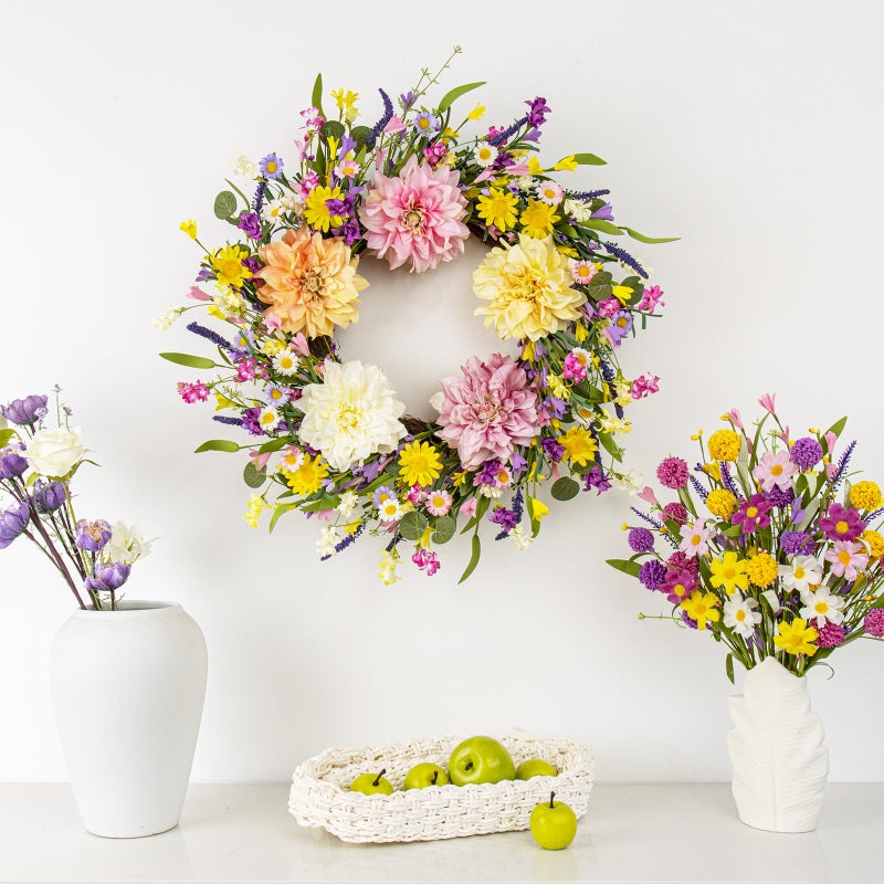 LLZLL Spring Wreaths for Front Door 22 Inch Spring Wreath Artificial Summer Wreath with Colorful Dahlia Daisy and Forsythia for Farmhouse Home Holiday Decorations - Image 2
