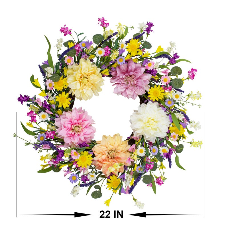 LLZLL Spring Wreaths for Front Door 22 Inch Spring Wreath Artificial Summer Wreath with Colorful Dahlia Daisy and Forsythia for Farmhouse Home Holiday Decorations - Image 3