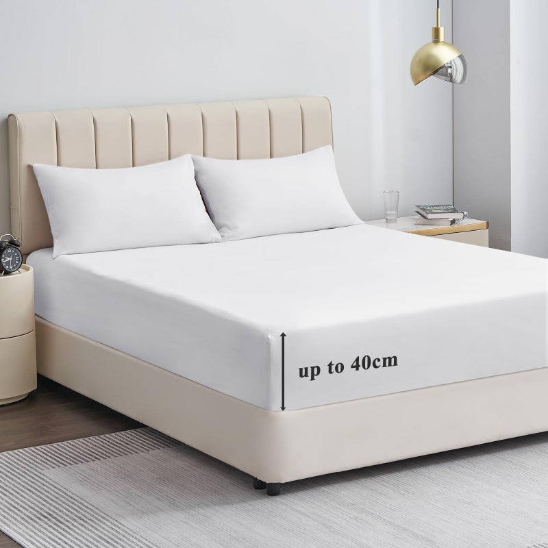 Aisbo Super King Fitted Sheet White  Extra Deep Pocket Bed Sheet 16 inch 40 cm  Microfiber Bottom Sheet 183x200cm